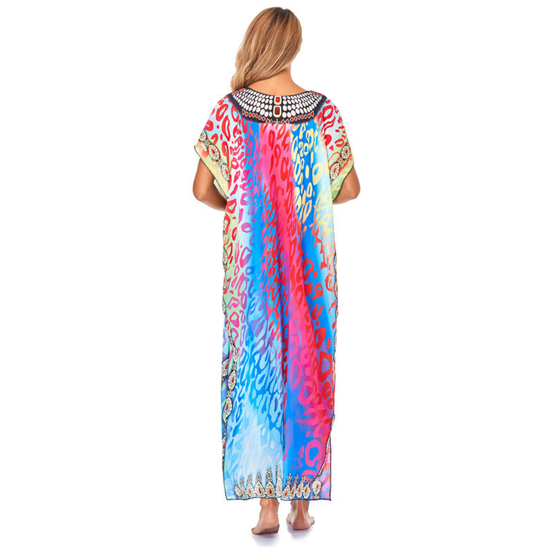 Ladies airy beach kaftan with colorful pattern mix and elegant jewelry design Ivyshape