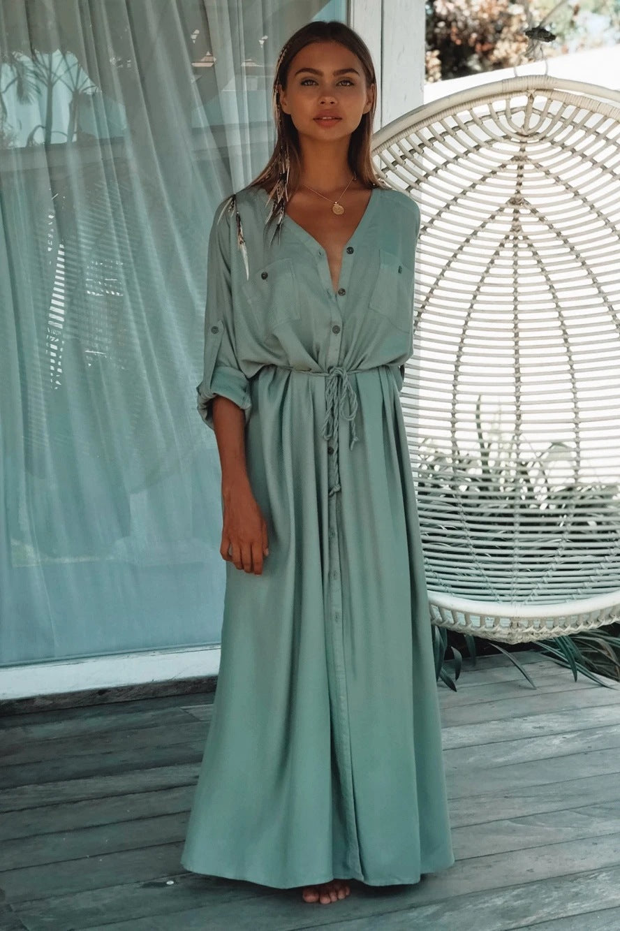 Women’s Maxi Dress with Side Slit and Waist Drawstring Ivyshape
