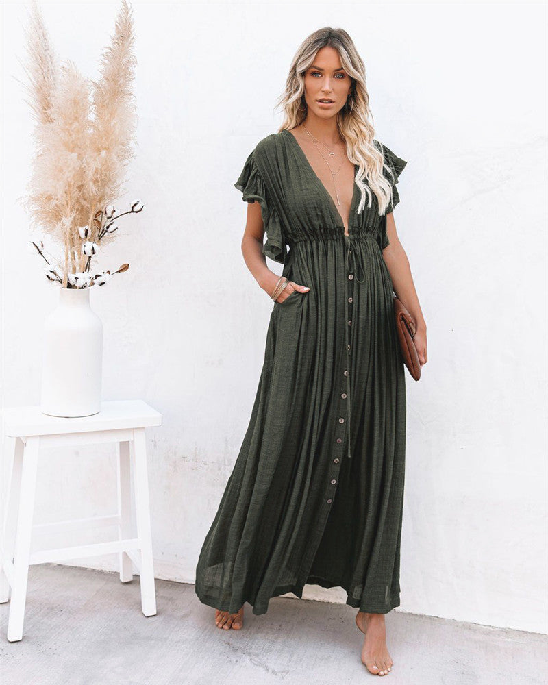 Women's Maxi Dress with Ruffle Details and Practical Pockets Ivyshape