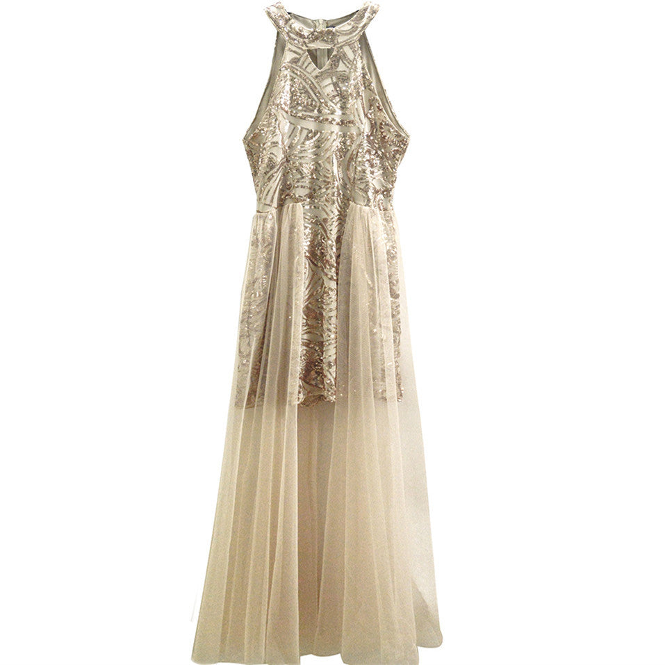 Women's Halterneck Sequin Party Dress with Transparent Overlay Ivyshape