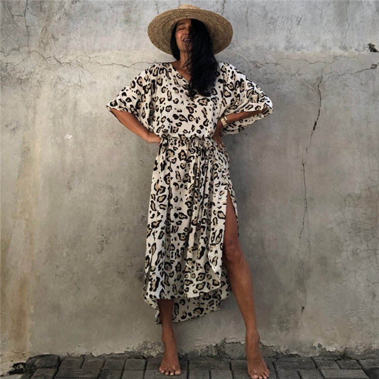 Women’s maxi dress with asymmetrical cut and animal print Ivyshape