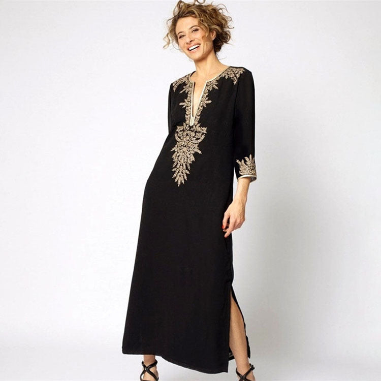 Women's maxi dress with intricate gold embroidery and flattering V-neck Ivyshape