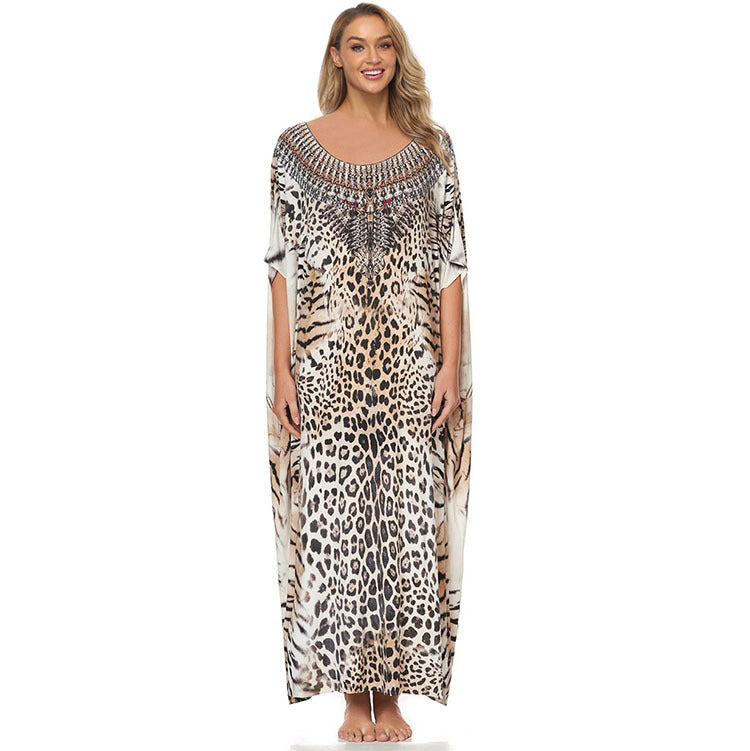 Ladies beach kaftan with artistic animal print and elegant accents Ivyshape