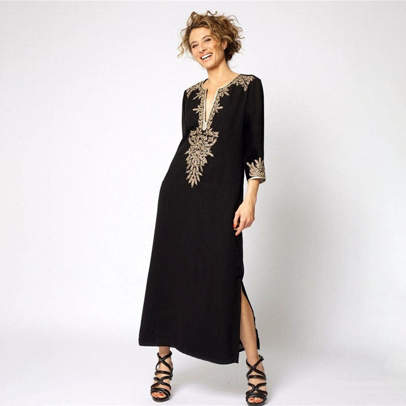 Women's maxi dress with intricate gold embroidery and flattering V-neck Ivyshape