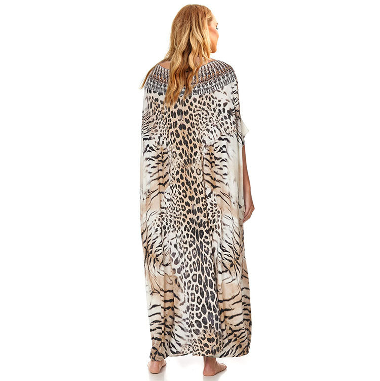 Ladies beach kaftan with artistic animal print and elegant accents Ivyshape