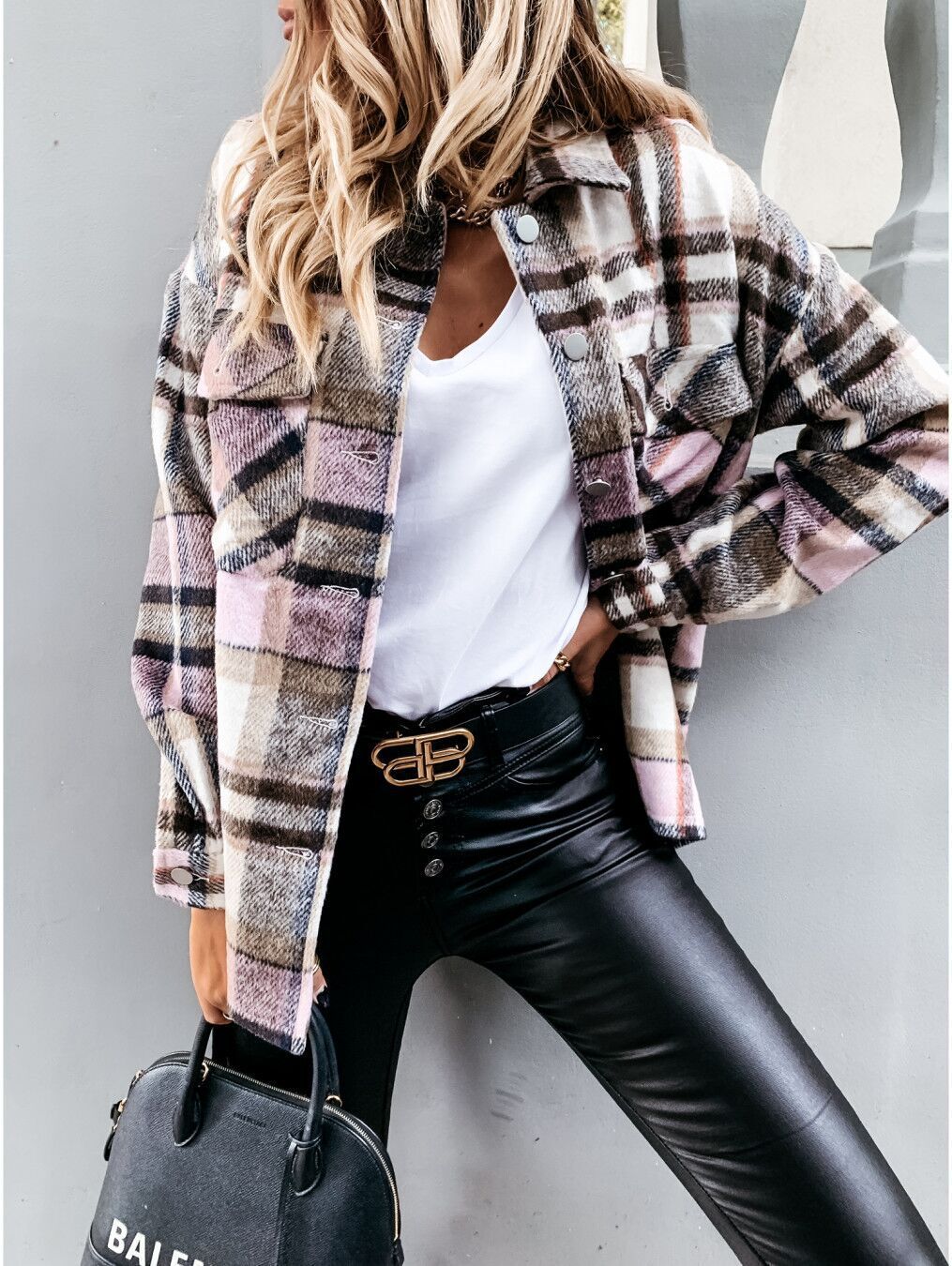Women Checked Overshirt Jacket Ivyshape