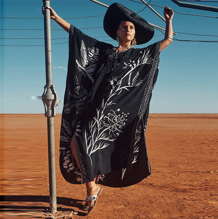 Women’s beach dress with artistic floral design and side slits Ivyshape