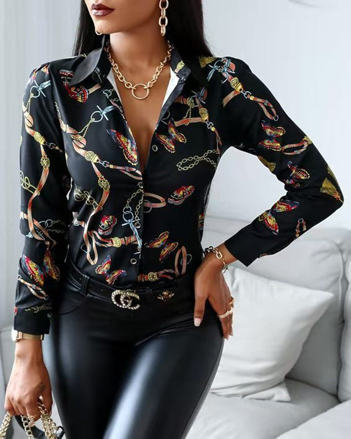 Women's long sleeve blouse with creative chain pattern Ivyshape
