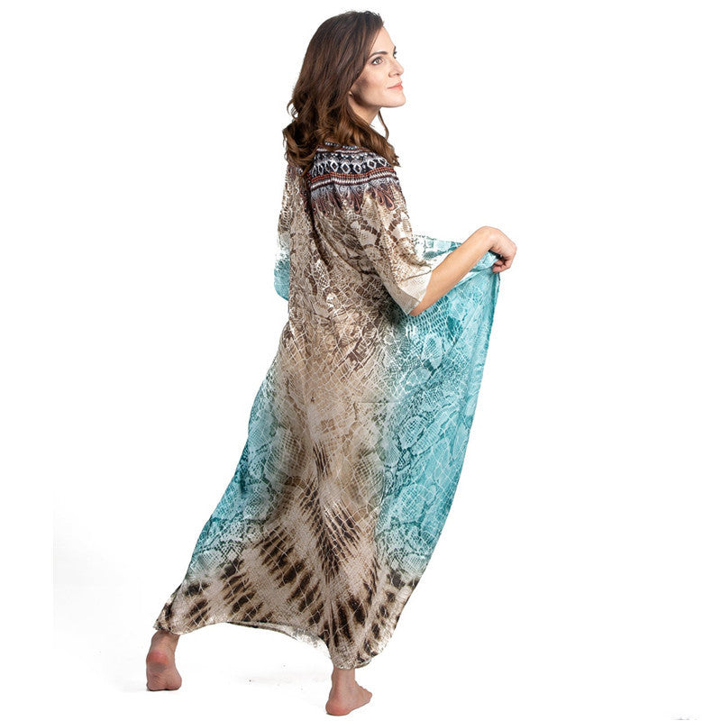Women's Beach Kaftan with Artistic Ethno Pattern and Flowing Sleeves Ivyshape