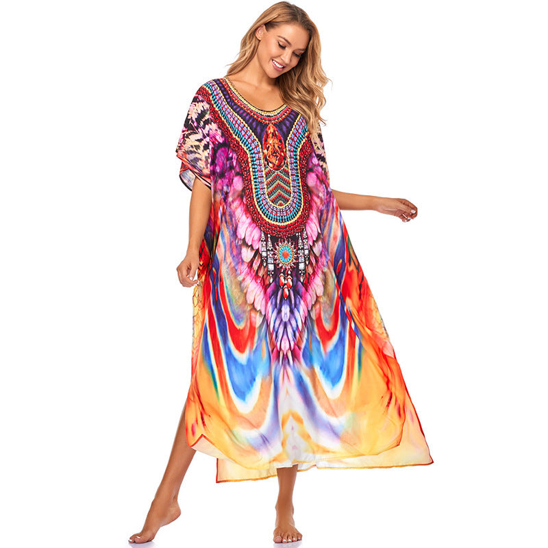 Women's beach kaftan with intricate design and colorful patterns Ivyshape
