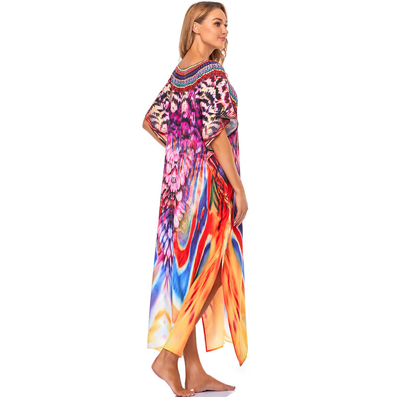 Women's beach kaftan with intricate design and colorful patterns Ivyshape