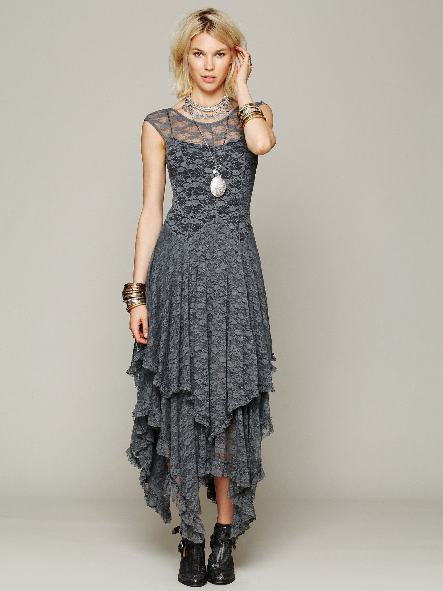 Ladies Elegant Lace Layered Midi Dress Ivyshape