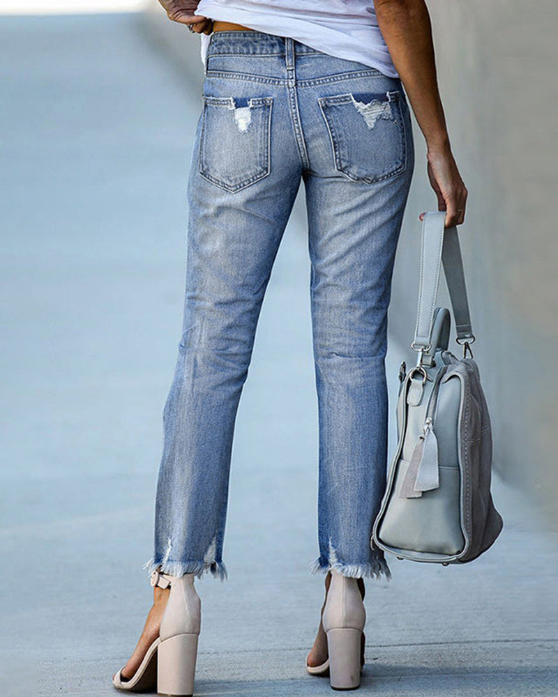 Ivyshape | Women Chic Torned Jeans Denim