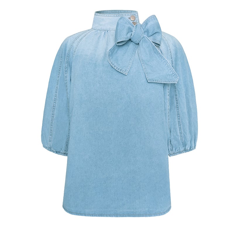 Natalia | Top donna in cotone con collo alto in denim con lacci