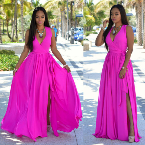 Women's A-Line Chiffon Maxi Dress with Wrap Belt Ivyshape