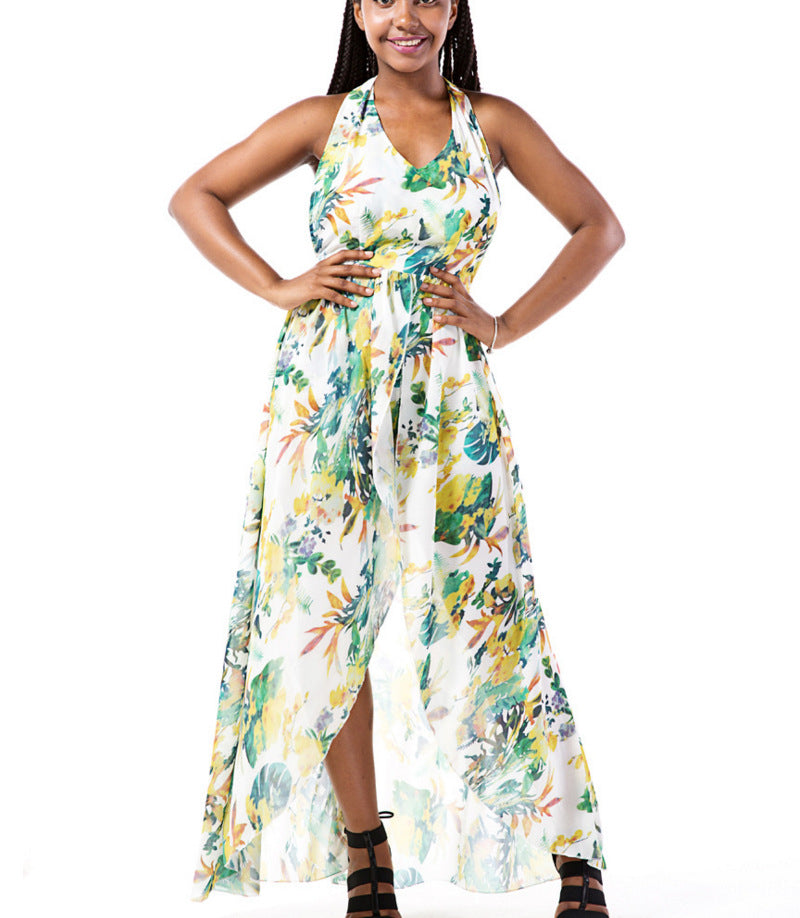 Ladies airy maxi dress with V-neck and floral accents Ivyshape