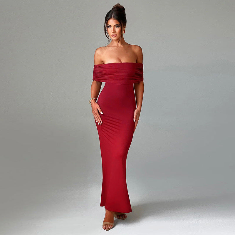 Charlene - Red off-the-shoulder maxi dress