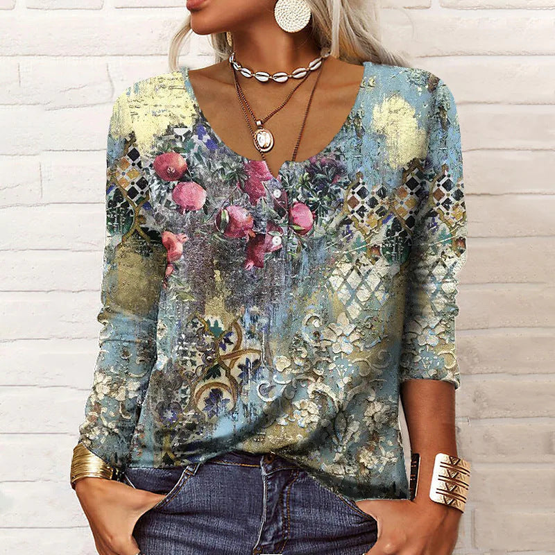 Leire | T-shirt a maniche lunghe con scollo a U, stampa floreale geometrica e bottoni
