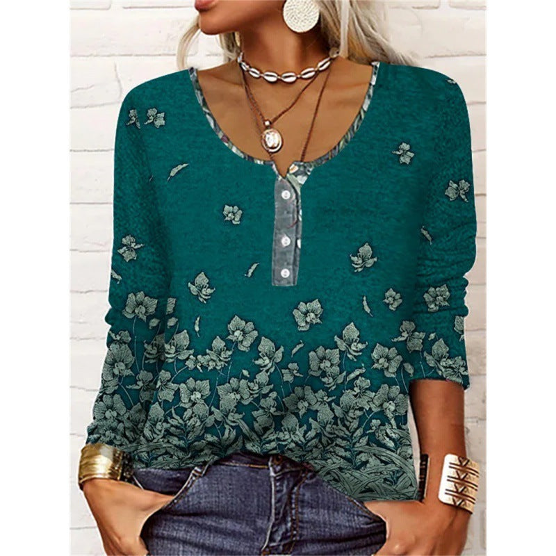 Leire | T-shirt a maniche lunghe con scollo a U, stampa floreale geometrica e bottoni