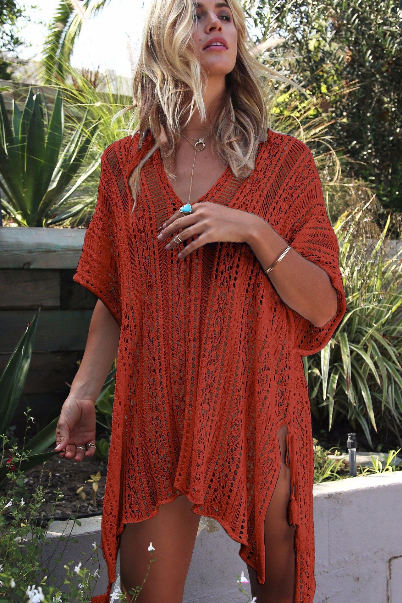 Ladies crochet dress with side slits and rounded hem Ivyshape