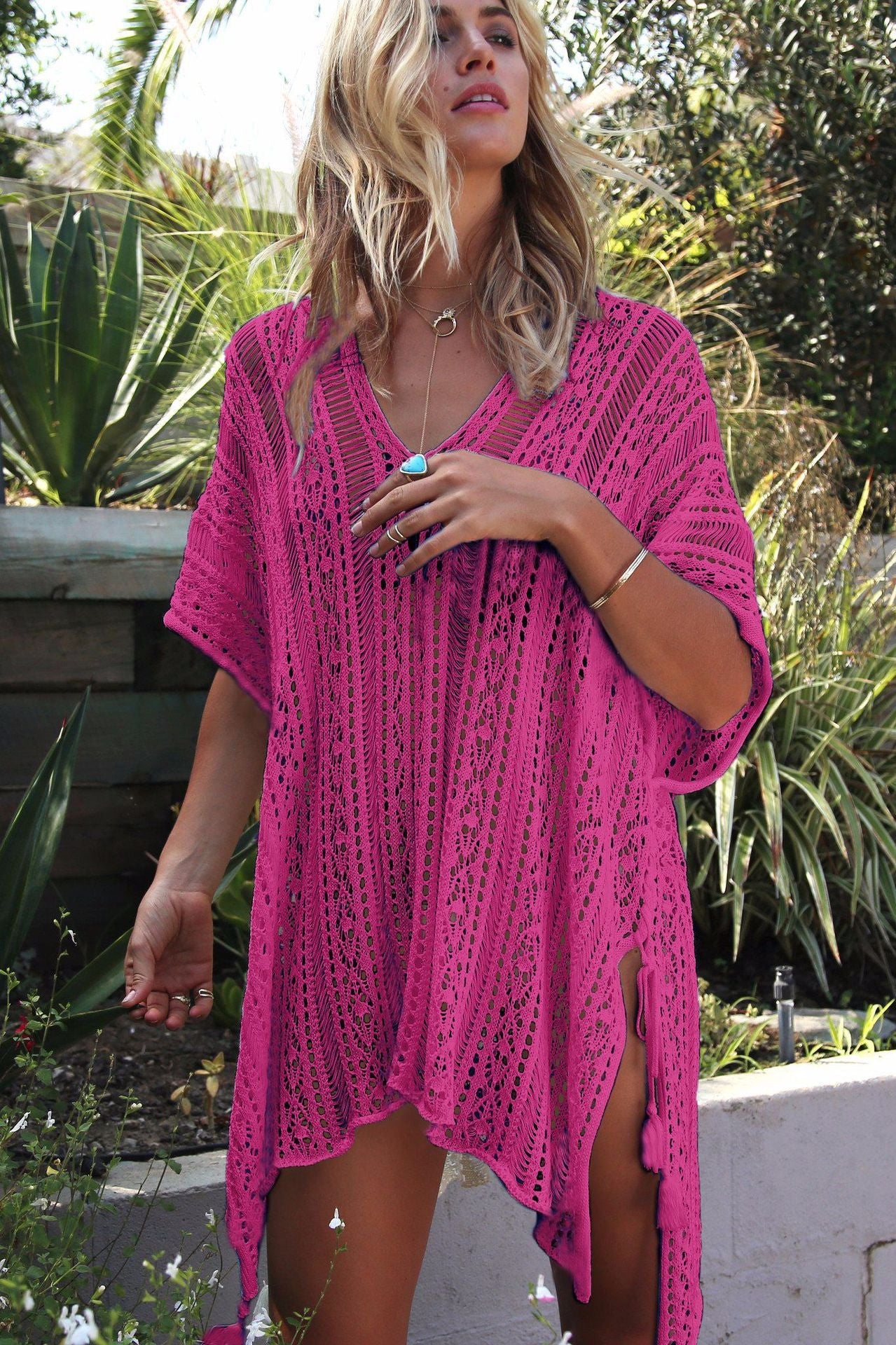 Ladies crochet dress with side slits and rounded hem Ivyshape