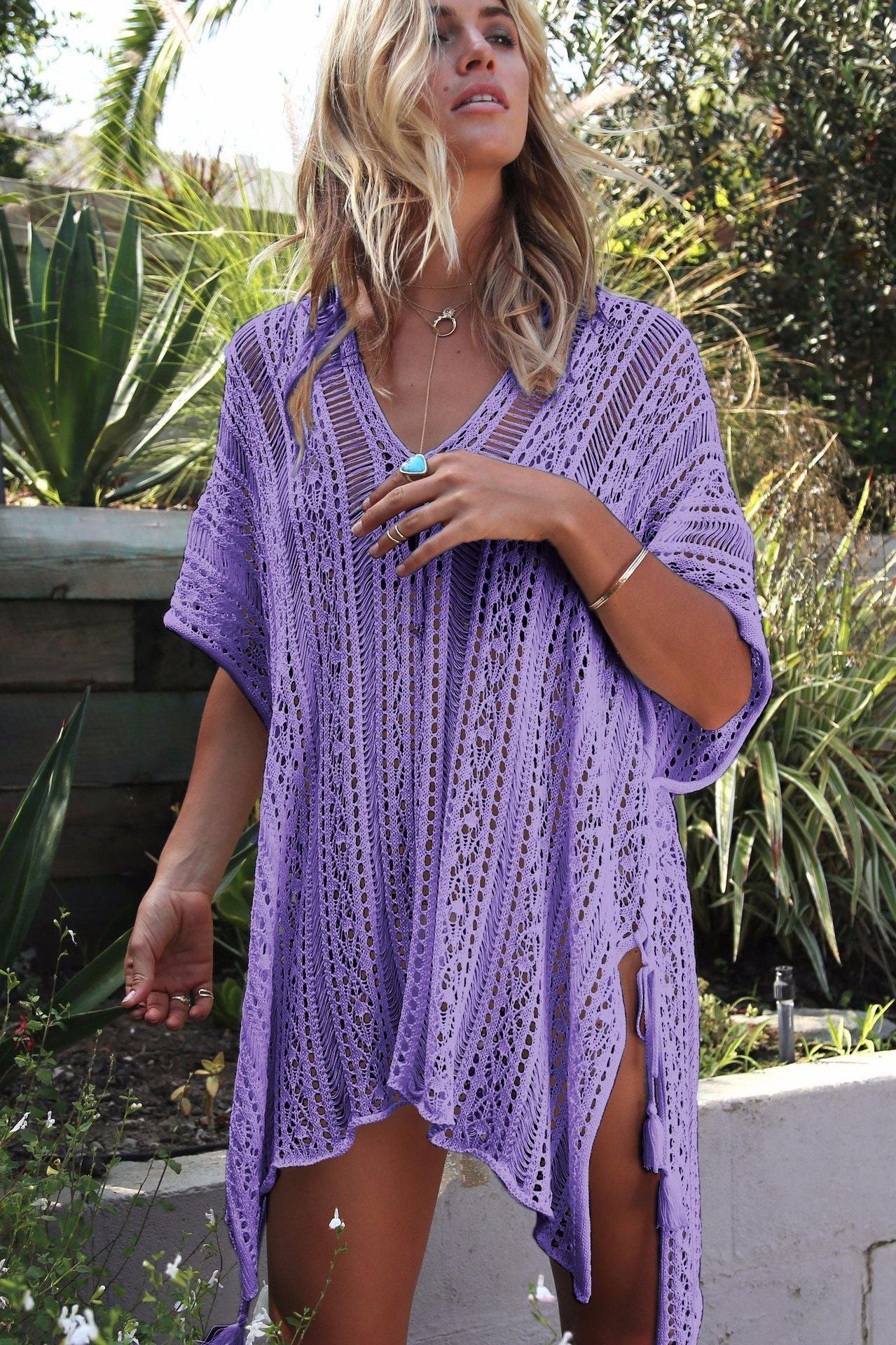 Ladies crochet dress with side slits and rounded hem Ivyshape