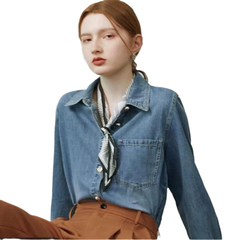 Andrea | Giacca camicia primaverile in denim blu da donna