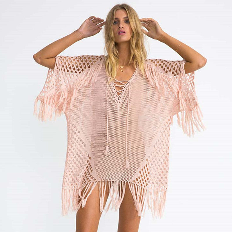 Women's net beach cover-up with elegant fringes and deep V-neck Ivyshape