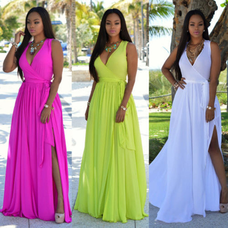 Women's A-Line Chiffon Maxi Dress with Wrap Belt Ivyshape