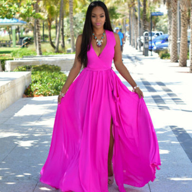 Women's A-Line Chiffon Maxi Dress with Wrap Belt Ivyshape