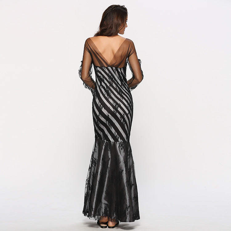 Women's Elegant Draped Mermaid Dress with Sheer Sleeves Ivyshape