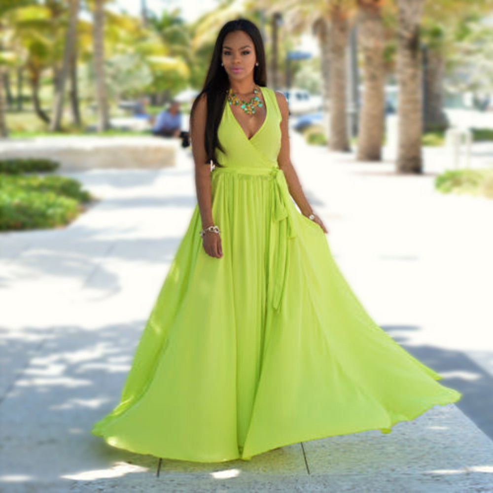 Women's A-Line Chiffon Maxi Dress with Wrap Belt Ivyshape
