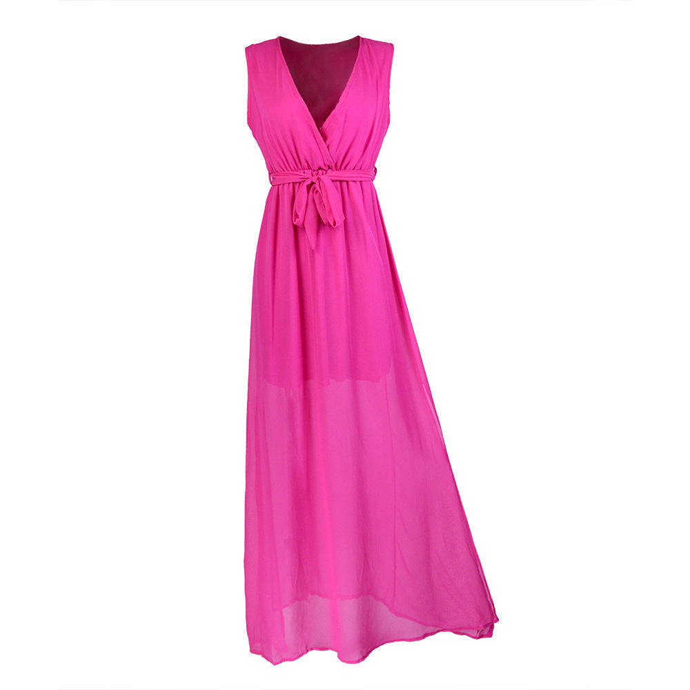 Women's A-Line Chiffon Maxi Dress with Wrap Belt Ivyshape