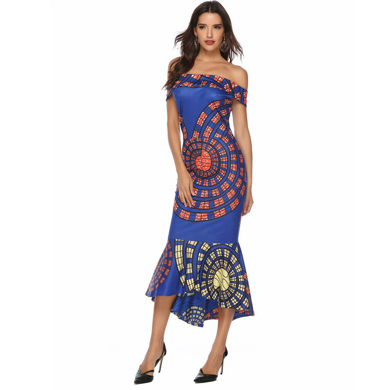 Ladies Off-Shoulder Graphic Print Maxi Dress Ivyshape