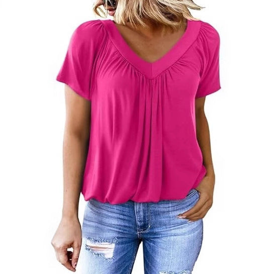 Women Pleated V-Neck Casual Top Ivyshape