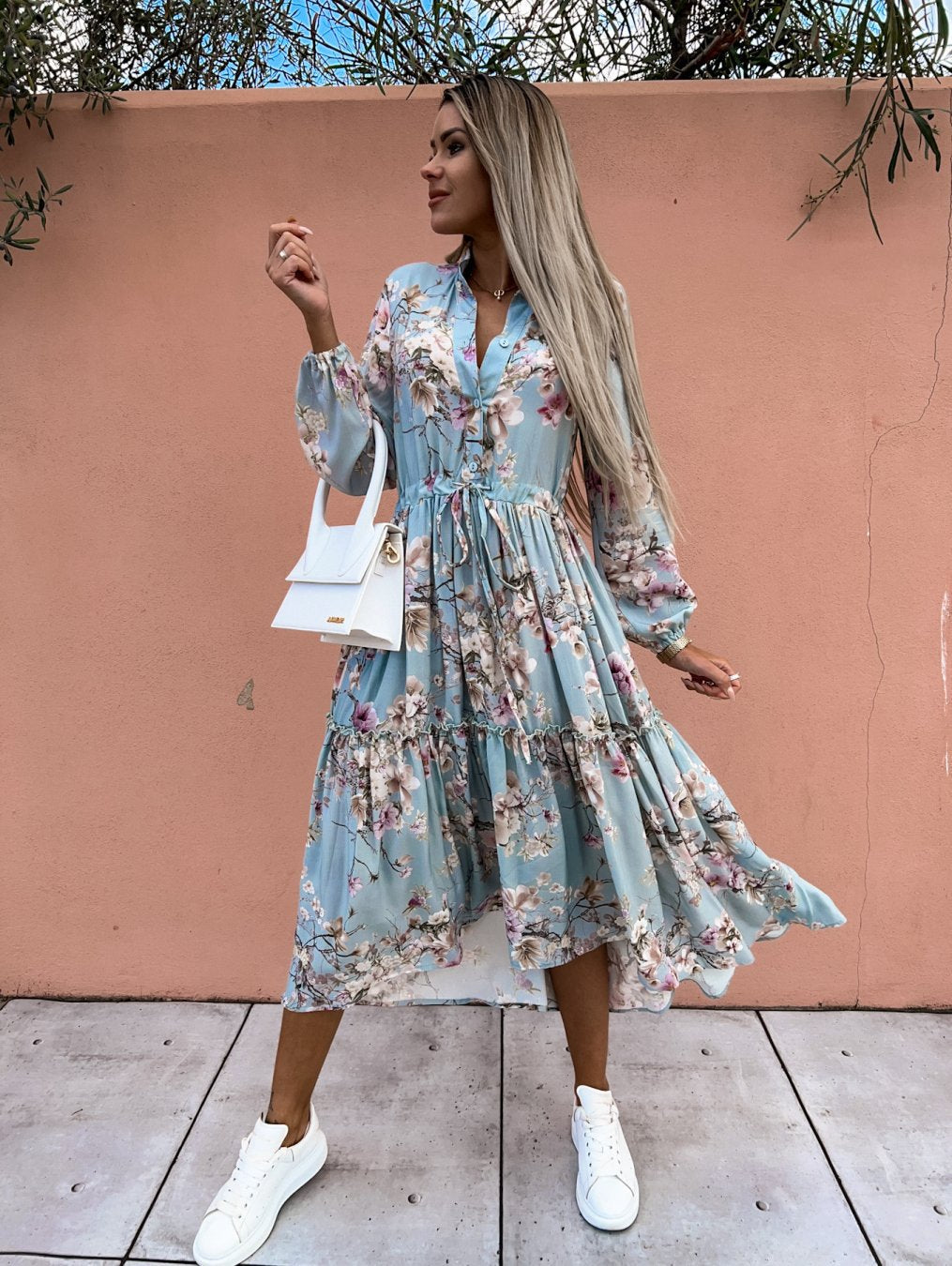 Women's blouse dress with floral details and waist belt Ivyshape