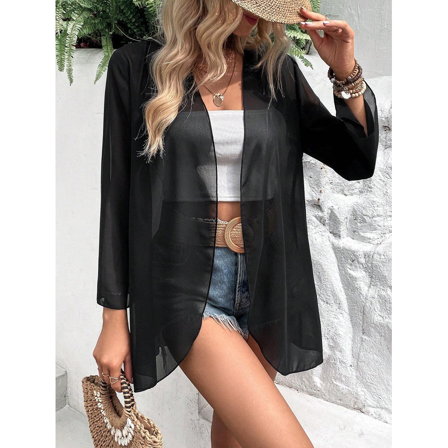 Ladies Transparent Beach Jacket with Loose-Fitting Sleeves and Pockets Ivyshape