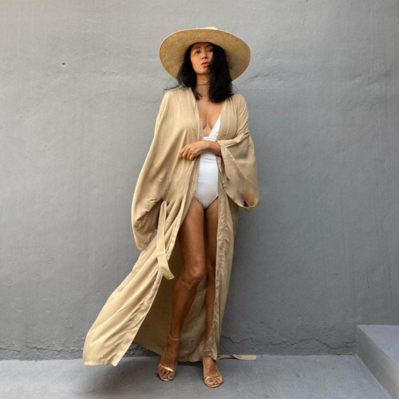 Ladies summer beach cover-up with flowing sleeves and side slit Ivyshape