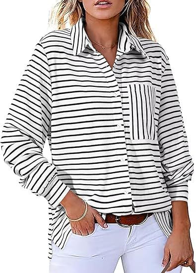 Women Casual Striped Blouse with Pocket and Button Placket Ivyshape