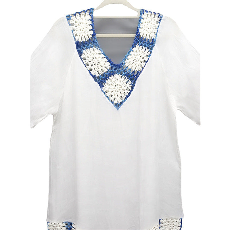 Ladies airy beach tunic with fringed details and crocheted pattern Ivyshape