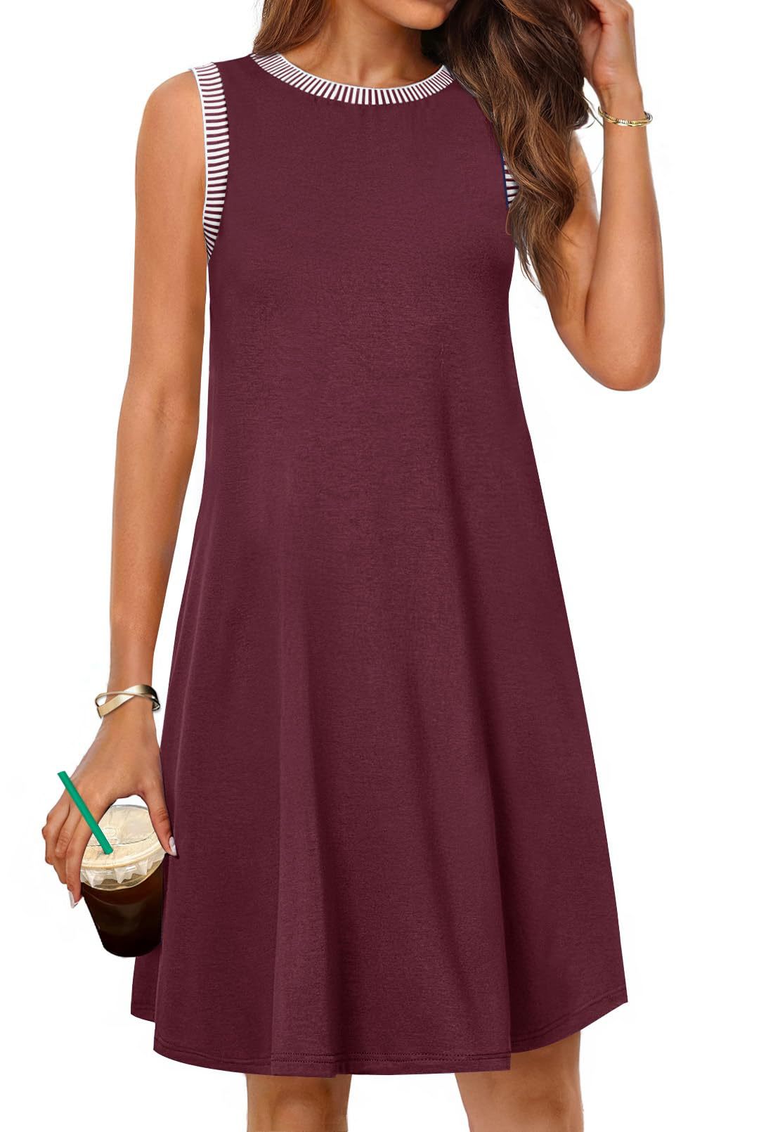 Women's A-line casual dress with striped sleeves Ivyshape