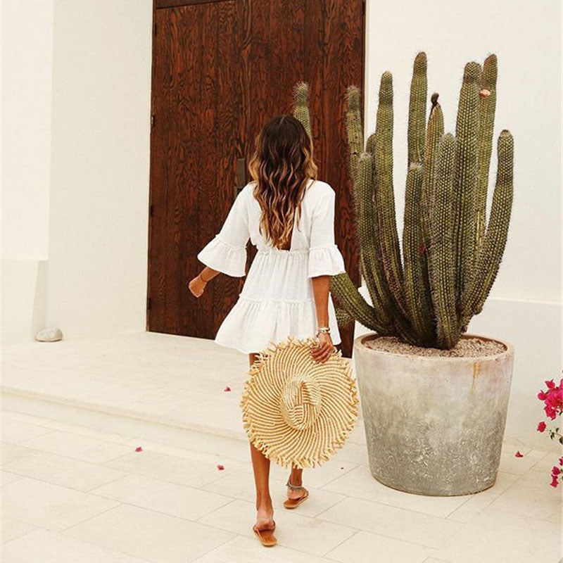 Ladies Summer Beach Dress with V-Neck and Ruffle Details Ivyshape