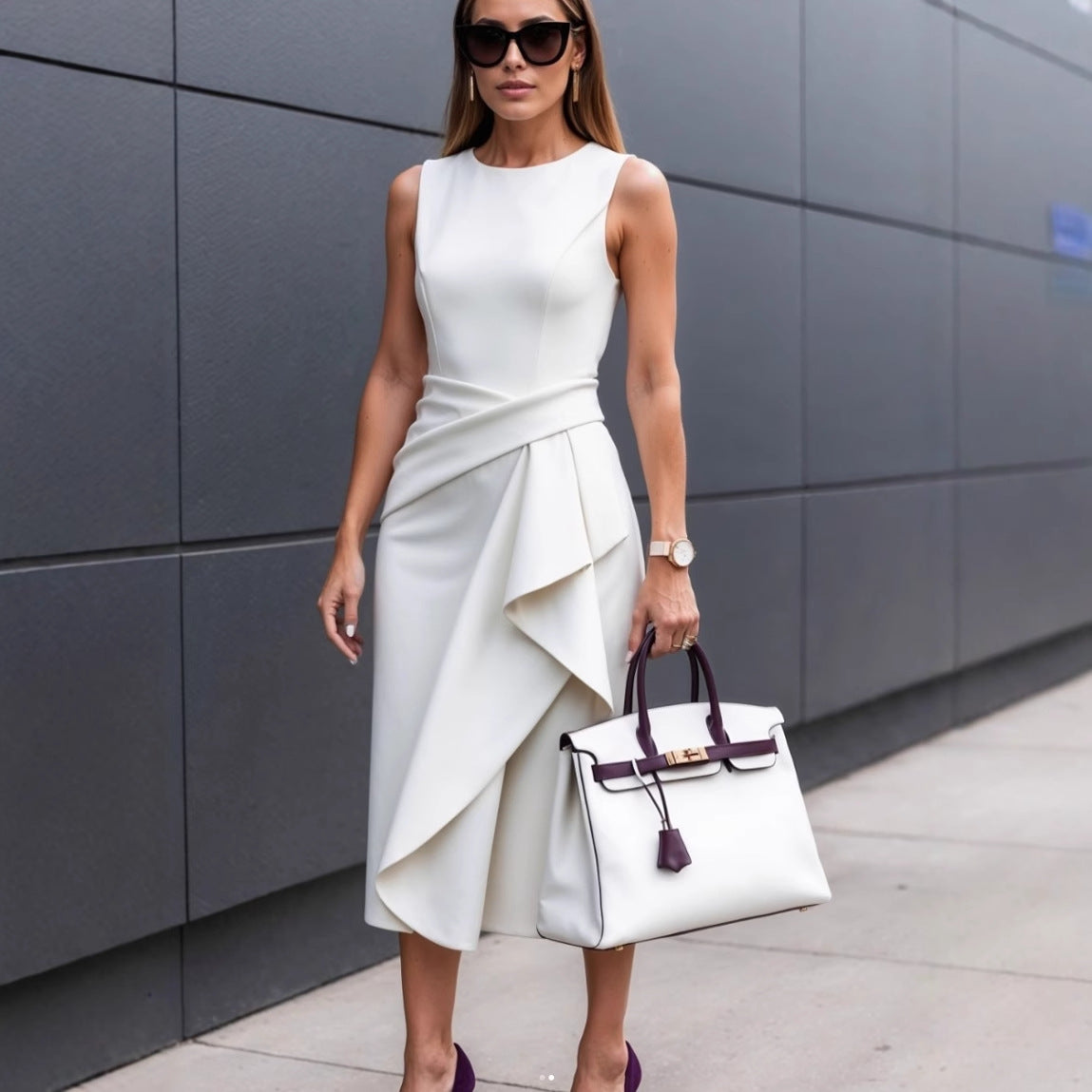 Women’s sheath dress with asymmetrical design and seductive draping Ivyshape