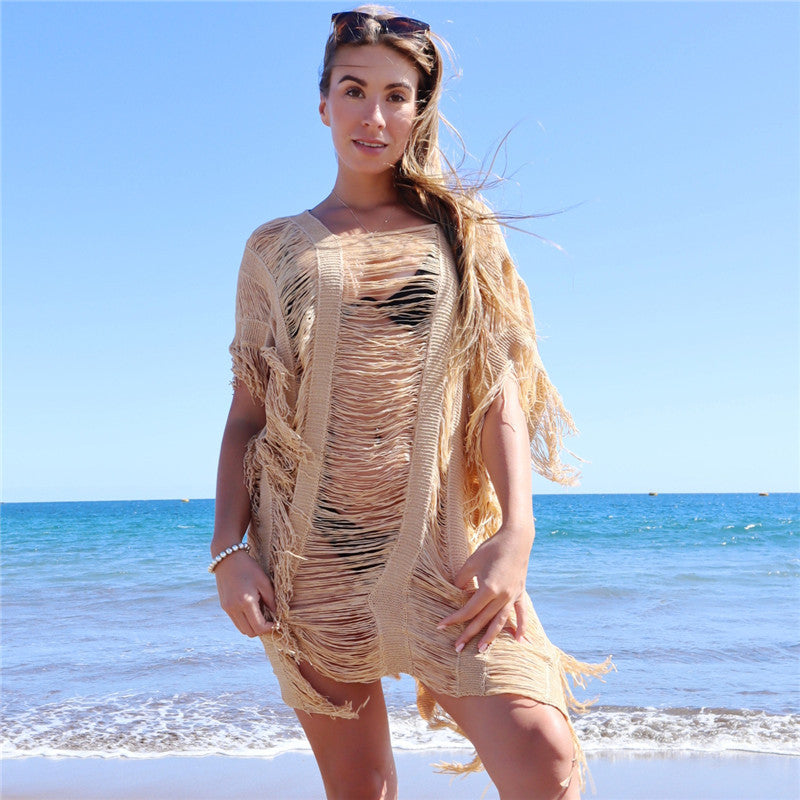 Women's casual crochet beach cover-up with fringed accents Ivyshape