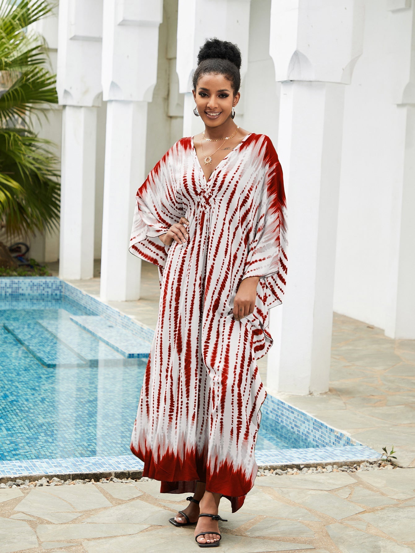 Ladies Maxi Beach Dress with Deep V-Neck and Playful Slit Ivyshape