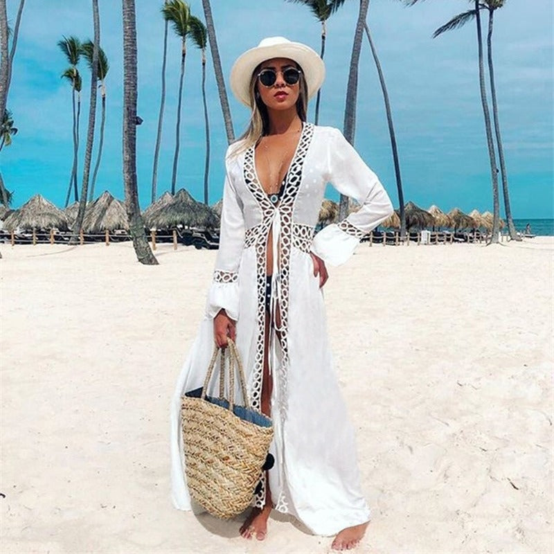 Women's transparent beach cover-up with elaborate crochet embellishments Ivyshape