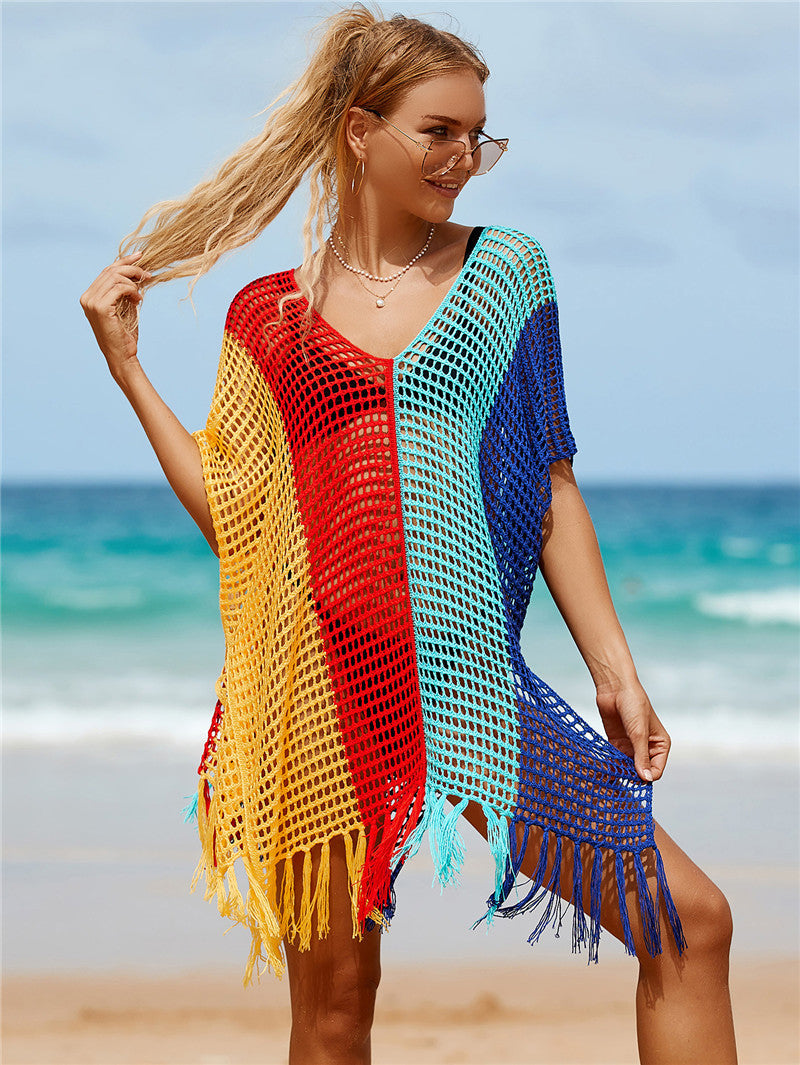 Women Airy Beach Tunic with Colorful Fringes and Mesh Design Ivyshape