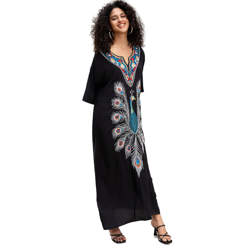 Women's versatile maxi dress with artistic peacock motif Ivyshape