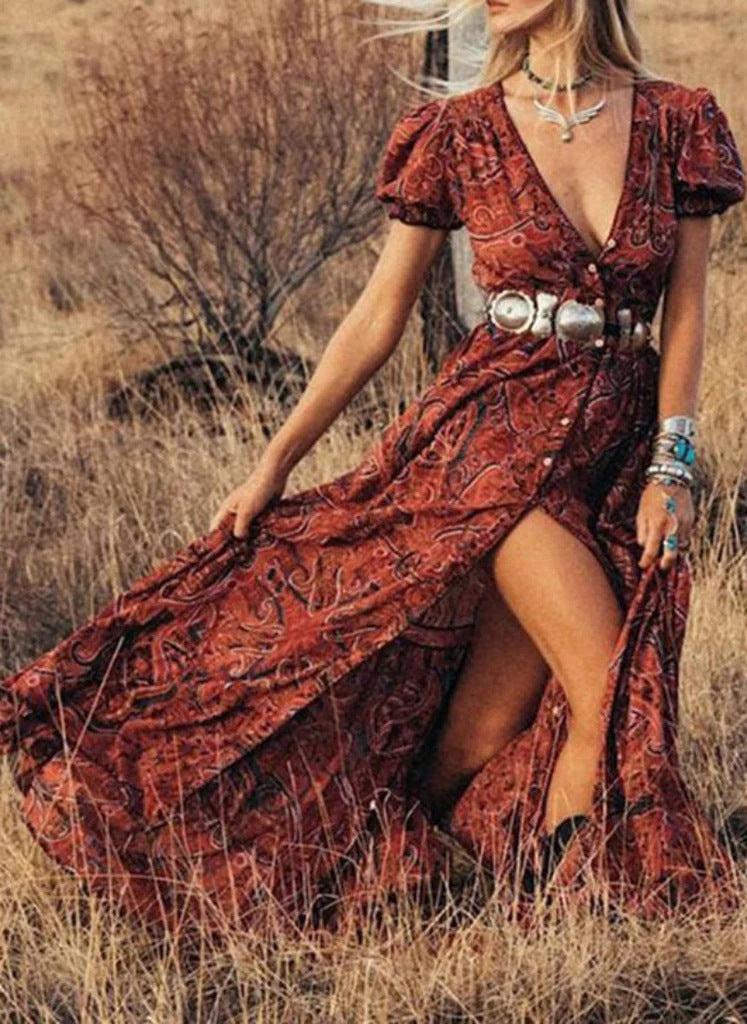 Ladies Maxidress with elegant puff sleeves and refined slit Ivyshape