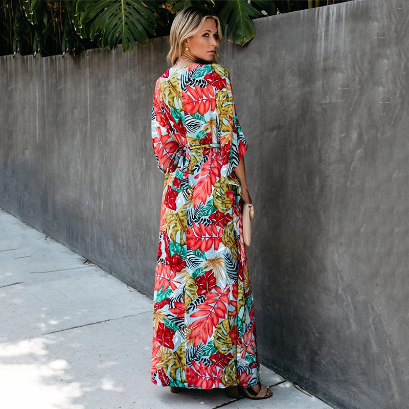 Women's maxi dress with deep V-neck and elegant wing sleeves Ivyshape